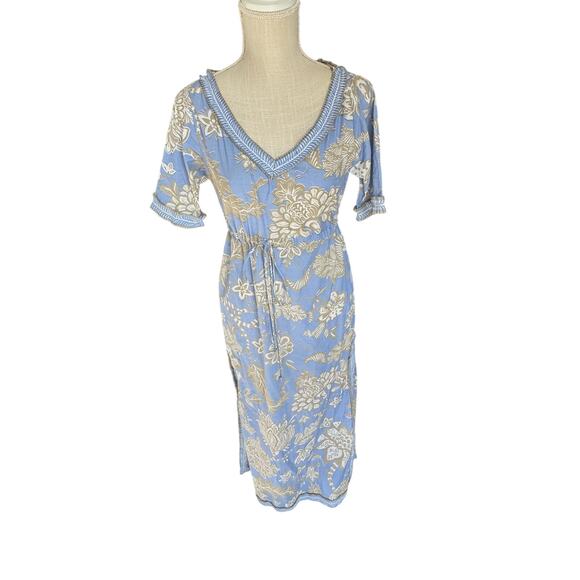Gretchen Scott Blue Floral Midi Dress XS V-Neck Belted Waist - Picture 1 of 8